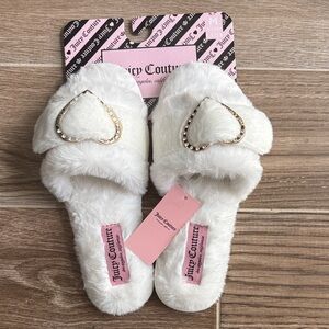 Juicy Couture White Fuzzy Heart Accent Slide Sandals